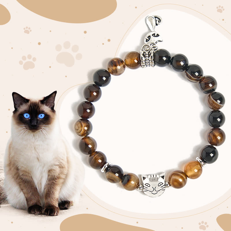 Buddha Stones Schutzarmband mit schokoladenbrauner Siamkatze, dunkelbraun gestreifter Achatperle - Schokoladenbraune Siamkatze (Handgelenkumfang 15–16 cm) - image 1