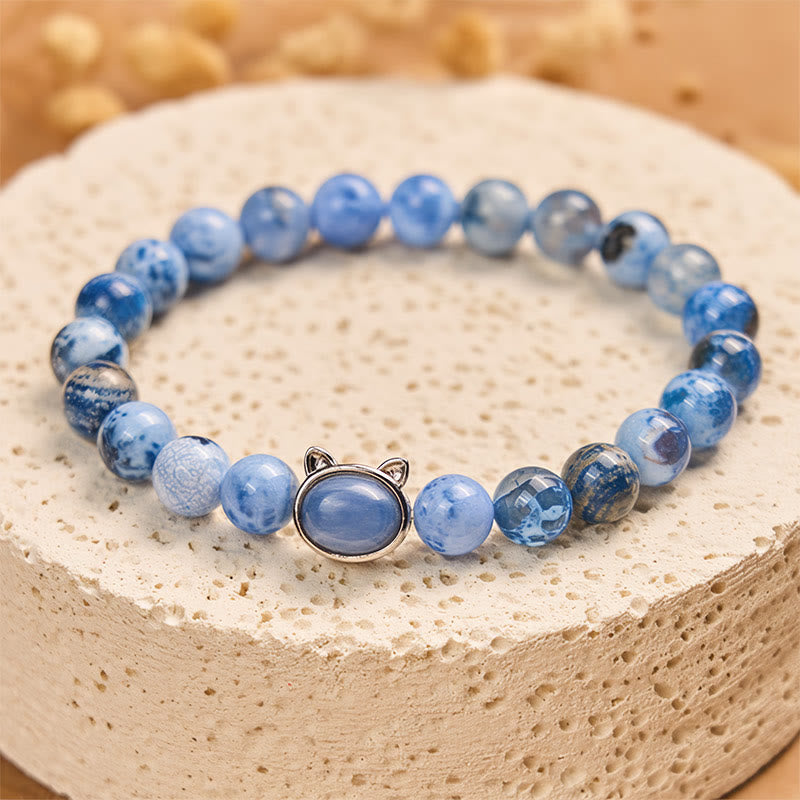 Buddha Stones Schutzarmband mit natürlichem Katzenkopf, blauem Achat und Kyanit - Blauer Achat (Handgelenkumfang: 14–16 cm) - image 0