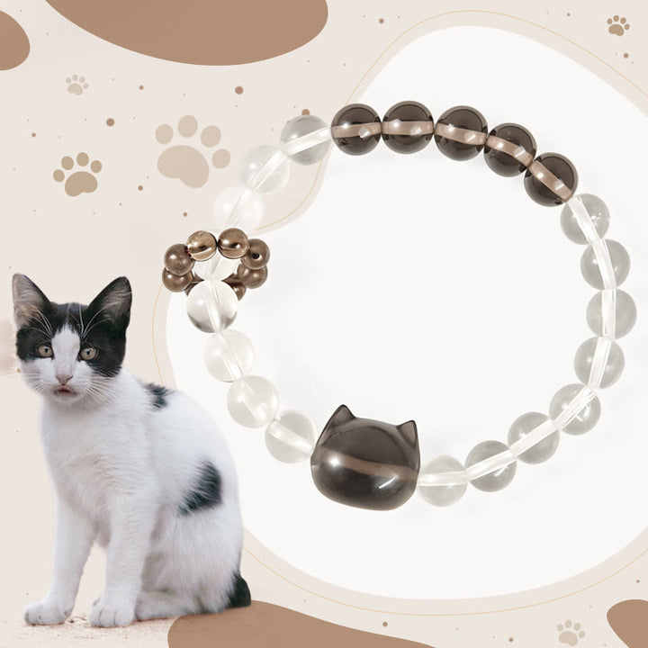 Buddha Stones Schutzarmband mit japanischer Bobtail-Katze, natürlichem weißem Kristall und Rauchquarz - Japanische Bobtail-Katze (Handgelenkumfang: 14–16 cm) - image 1