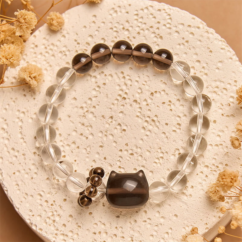 Buddha Stones Schutzarmband mit japanischer Bobtail-Katze, natürlichem weißem Kristall und Rauchquarz - image 3