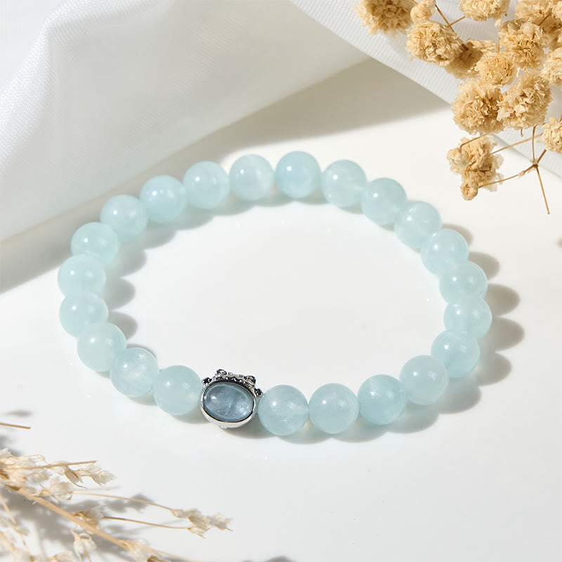 Buddha Stones Natürlicher Aquamarin Glückskatze Peace Armband - image 1