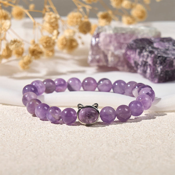 Buddha Stones Armband mit süßem Katzengesicht und Amethyst zur Stresslinderung - image 2