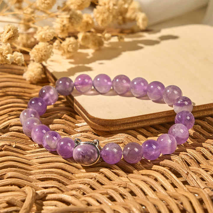 Buddha Stones Armband mit süßem Katzengesicht und Amethyst zur Stresslinderung - image 3