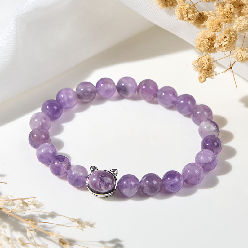 Buddha Stones Armband mit süßem Katzengesicht und Amethyst zur Stresslinderung - image 4