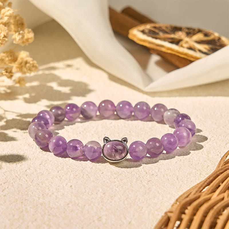 Buddha Stones Armband mit süßem Katzengesicht und Amethyst zur Stresslinderung - Amethyst (Handgelenkumfang: 14–16 cm) - image 1