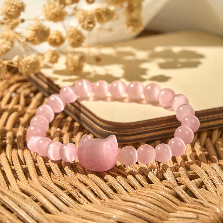 Buddha Stones Schöner Katzenkopf Rosa Katzenauge Weißes Katzenauge Spirituelles Perlenarmband - image 4