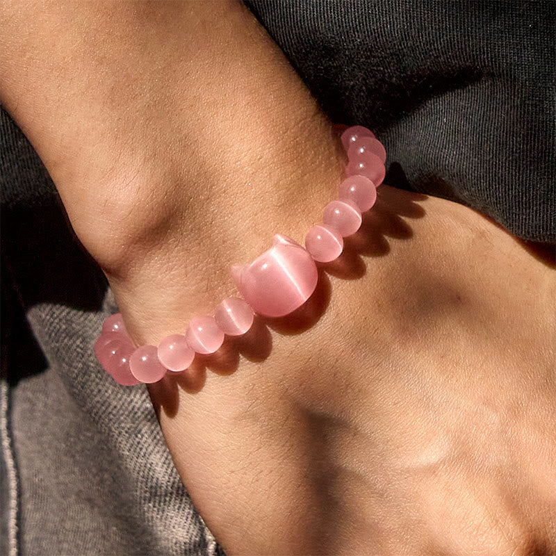 Buddha Stones Schöner Katzenkopf Rosa Katzenauge Weißes Katzenauge Spirituelles Perlenarmband - image 6
