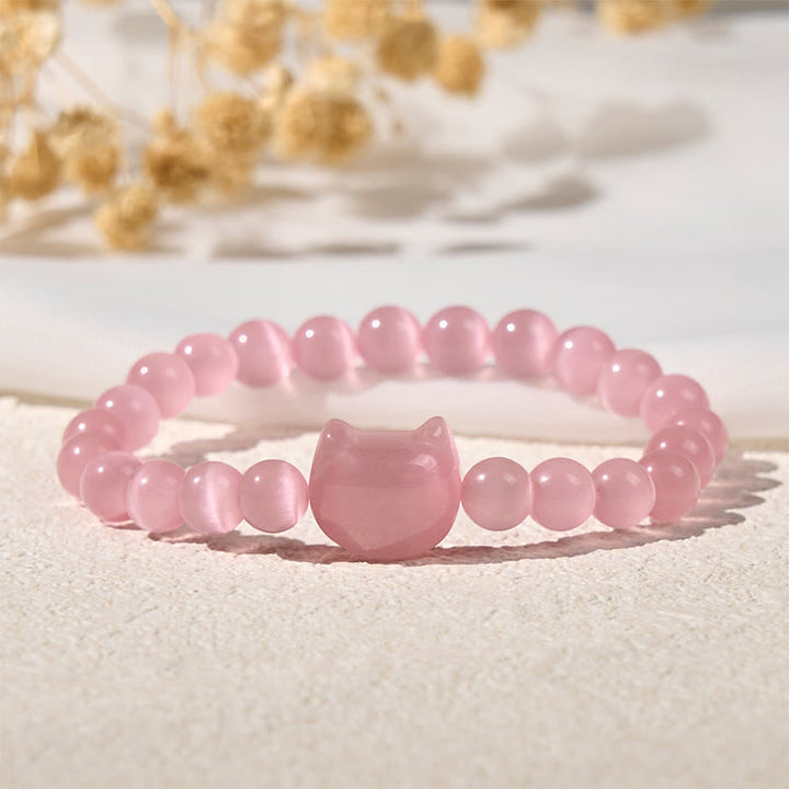Buddha Stones Schöner Katzenkopf Rosa Katzenauge Weißes Katzenauge Spirituelles Perlenarmband - image 2