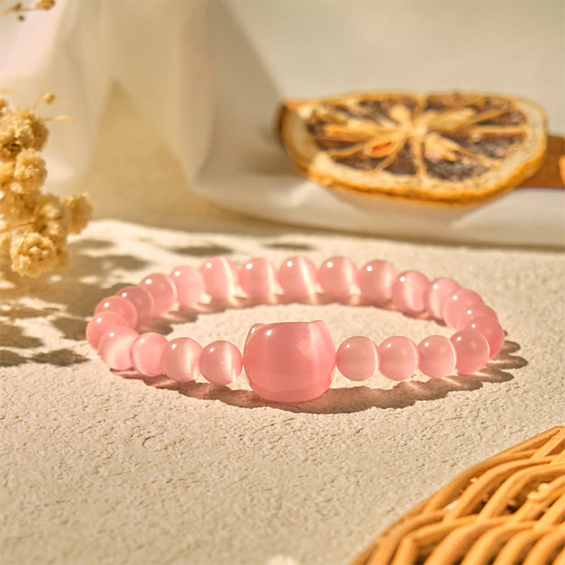 Buddha Stones Schöner Katzenkopf Rosa Katzenauge Weißes Katzenauge Spirituelles Perlenarmband - image 3
