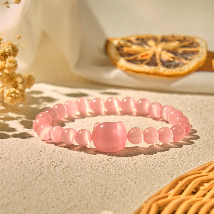 Buddha Stones Schöner Katzenkopf Rosa Katzenauge Weißes Katzenauge Spirituelles Perlenarmband - image 3