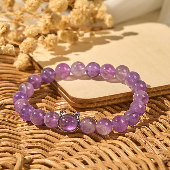 Buddha Stones Natürliche Amethystperle Süßes Katzen-Heilarmband - image 6