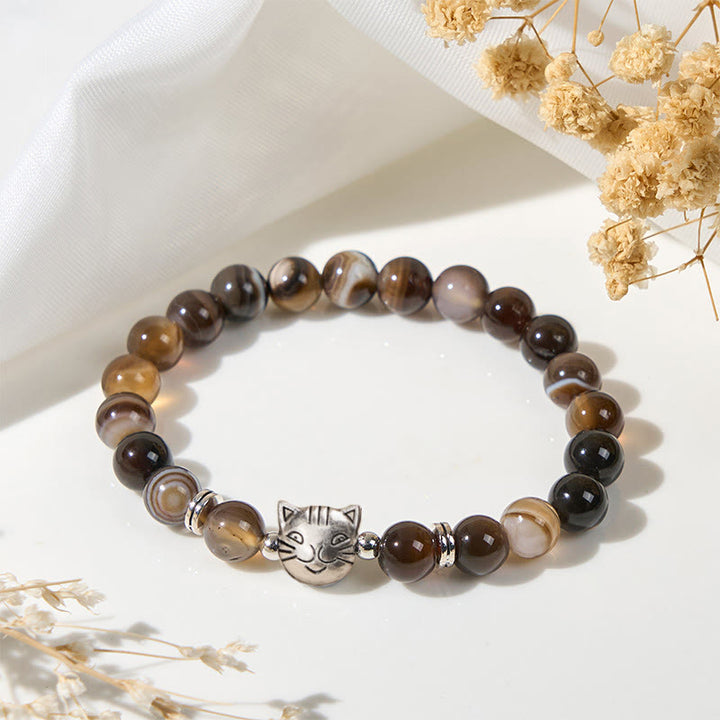 Buddha Stones Stabilitätsarmband mit schokoladenbrauner Siamkatze und natürlich braun gestreiften Achatperlen - image 1