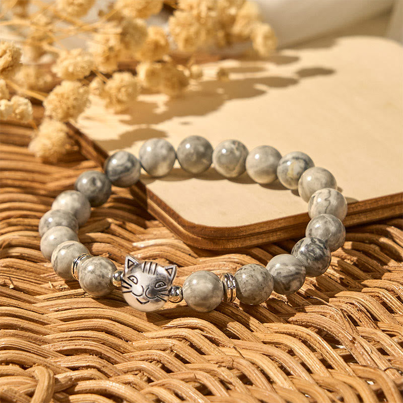 Buddha Stones Süße Katze Natur Grau Jaspis Perlen Heilung Armband - image 3