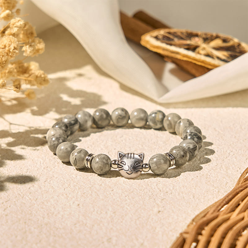 Buddha Stones Süße Katze Natur Grau Jaspis Perlen Heilung Armband - image 2