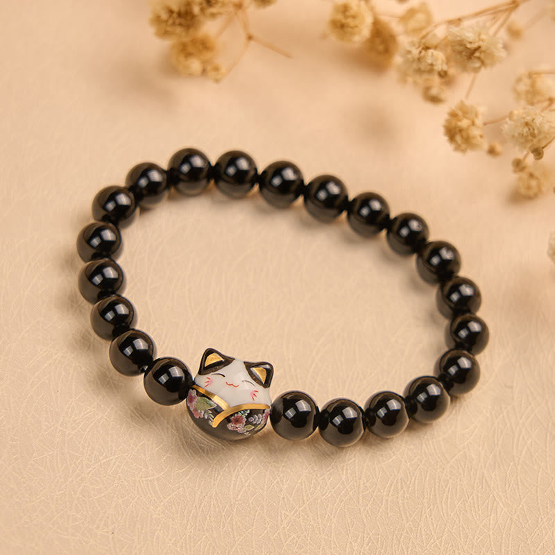 Buddha Stones Schwarze Katze Natürlicher Schwarzer Onyx Keramik Kätzchen Glücksarmband - image 1