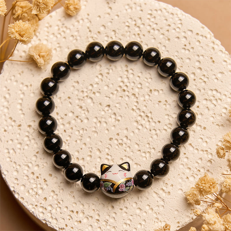 Buddha Stones Schwarze Katze Natürlicher Schwarzer Onyx Keramik Kätzchen Glücksarmband - image 2