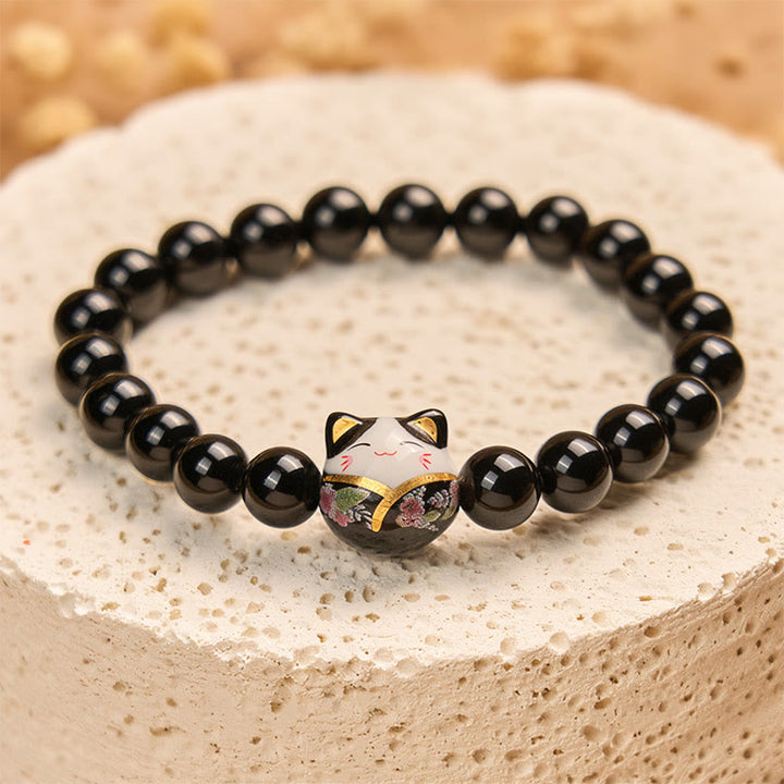 Buddha Stones Schwarze Katze Natürlicher Schwarzer Onyx Keramik Kätzchen Glücksarmband - image 3