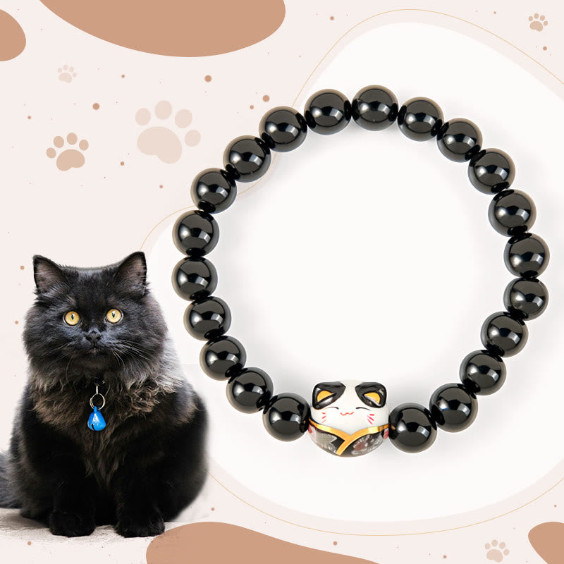 Buddha Stones Schwarze Katze Natürlicher Schwarzer Onyx Keramik Kätzchen Glücksarmband - Schwarzer Onyx (Handgelenkumfang: 15–16 cm) - image 0
