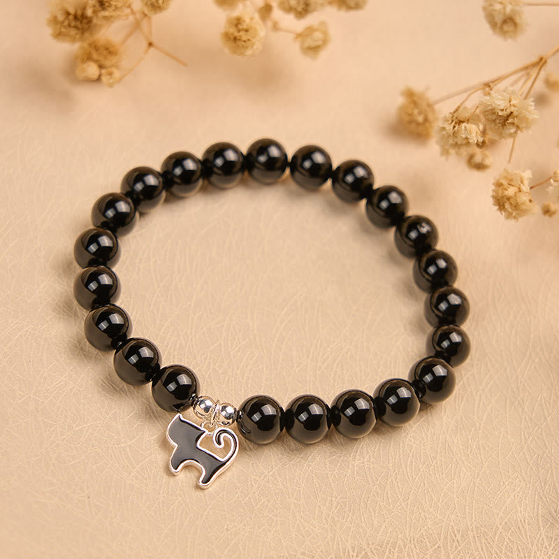 Buddha Stones 925 Sterling Silber Kätzchen Charm Schwarze Katze Natürlicher Schwarzer Onyx Schutzarmband - image 1