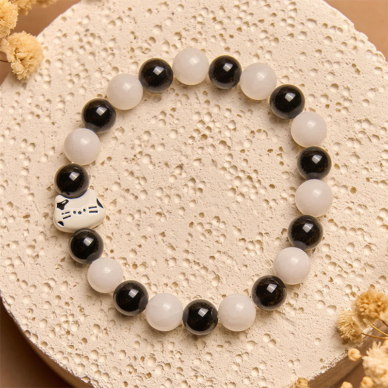 Buddha Stones Bicolor Katze Schwarzer Onyx Weißer Chalcedon Glücksarmband - image 2