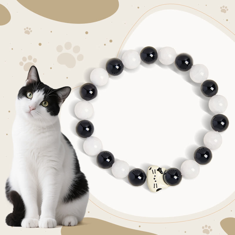 Buddha Stones Bicolor Katze Schwarzer Onyx Weißer Chalcedon Glücksarmband - Schwarzer Onyx (Handgelenkumfang 14–16 cm) - image 0