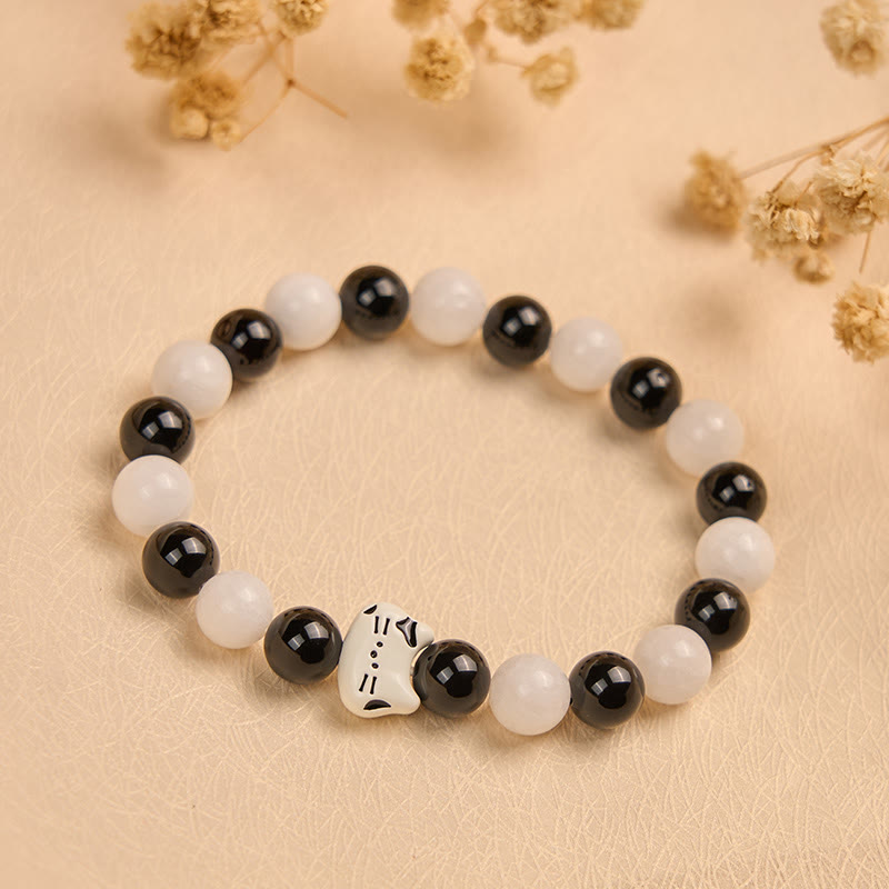 Buddha Stones Bicolor Katze Schwarzer Onyx Weißer Chalcedon Glücksarmband - image 1