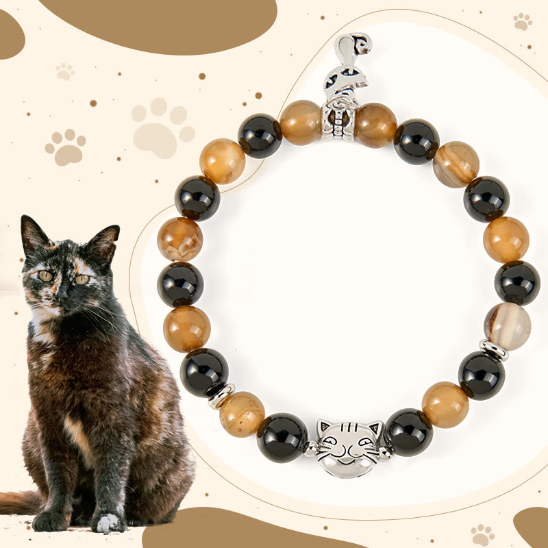 Buddha Stones Schildpattkatze Hellbraun gestreifter Achat Schwarzer Onyx Schutzarmband - Schildpattkatze (Handgelenkumfang 15–16 cm) - image 0