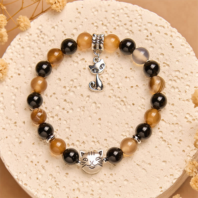 Buddha Stones Schildpattkatze Hellbraun gestreifter Achat Schwarzer Onyx Schutzarmband - image 1