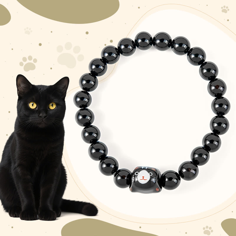 Buddha Stones Schwarze Katze, natürlicher schwarzer Onyx, Keramik, Kätzchen-Stützarmband - Schwarze Katze (Handgelenkumfang 15–16 cm) - image 0