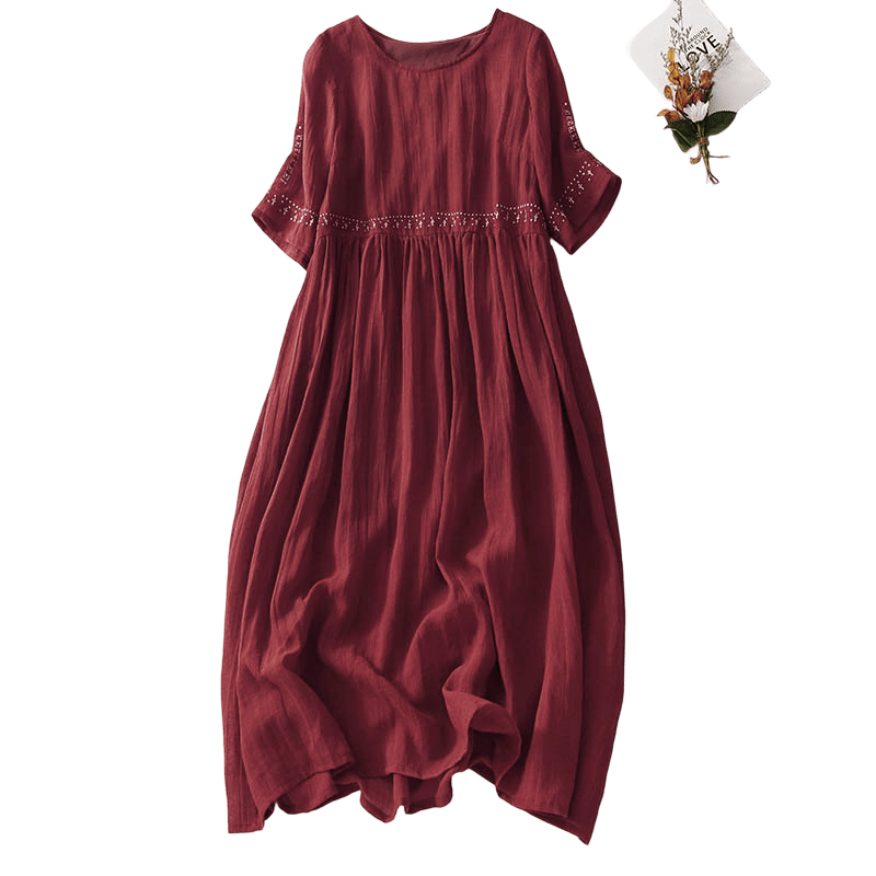Kurzärmliges Midikleid aus Baumwolle mit Buddha Stones -Stickerei in Volltonfarbe - image 21