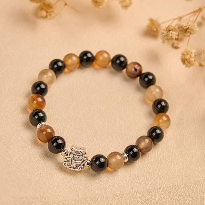 Buddha Stones Armband aus 925er Sterlingsilber mit Schildpatt-Katze, hellbraun gestreiftem Achat und schwarzem Onyx - image 1