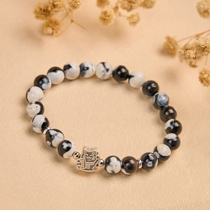 Buddha Stones 925 Sterling Silber Schwarz-Weiß Katze Feuerachat Perle Liebesarmband - image 1