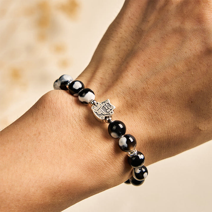 Buddha Stones 925 Sterling Silber Schwarz-Weiß Katze Feuerachat Perle Liebesarmband - image 4