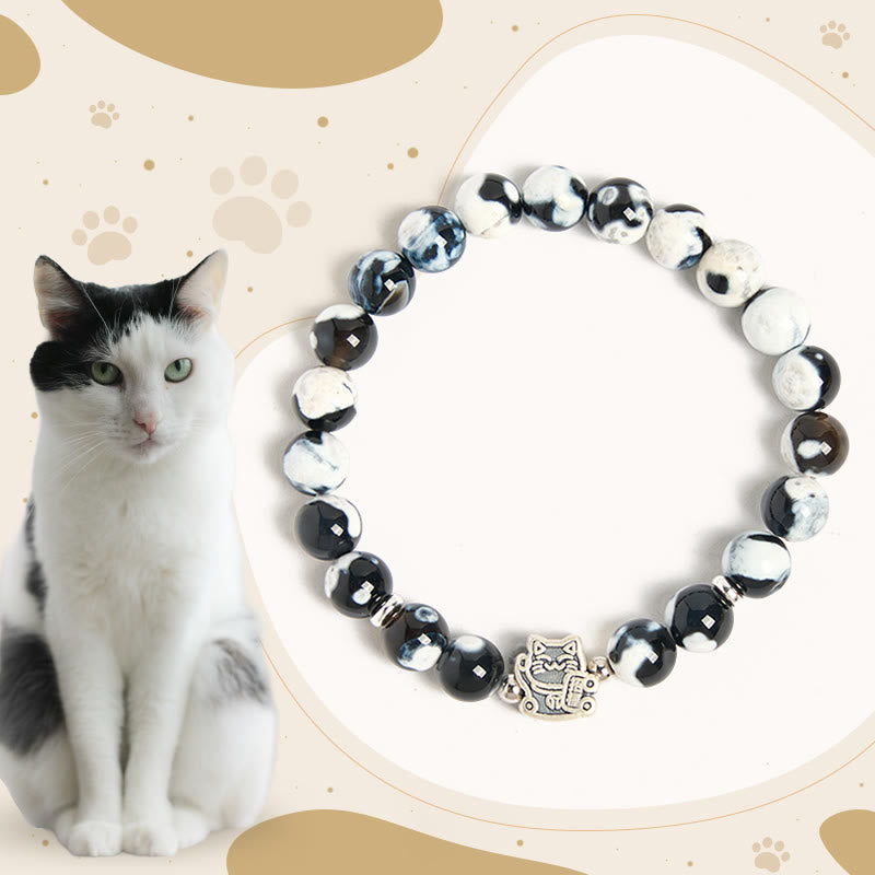 Buddha Stones 925 Sterling Silber Schwarz-Weiß Katze Feuerachat Perle Liebesarmband - Schwarz-weiße Katze (Handgelenkumfang 15–16 cm) - image 0
