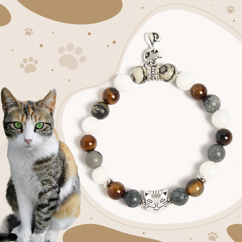 Buddha Stones Tricolor Katze Schwarz geäderter Jaspis Braun gestreifter Achat Chalcedon Stärke Armband - Dreifarbige Katze (Handgelenkumfang 15–16 cm) - image 0