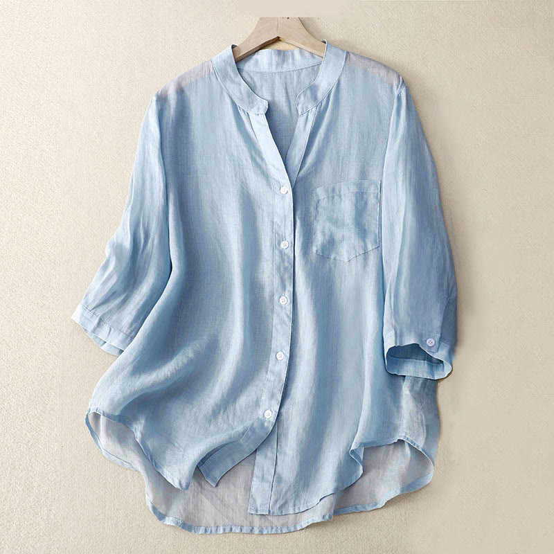 Buddha Stones Lässiges, schlichtes Damen-Shirt mit V-Ausschnitt und Dreiviertelärmeln aus Baumwolle und Viskose - Hellblau - US8-10, UK/AU12-14, EU40-42 (2XL) - image 0