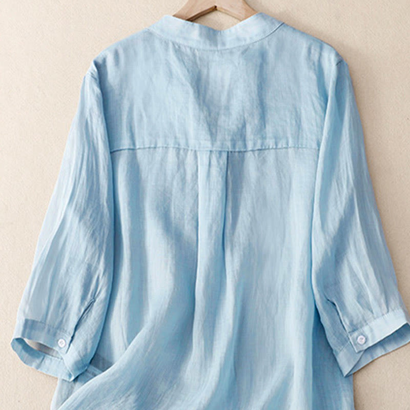 Buddha Stones Lässiges, schlichtes Damen-Shirt mit V-Ausschnitt und Dreiviertelärmeln aus Baumwolle und Viskose - image 3