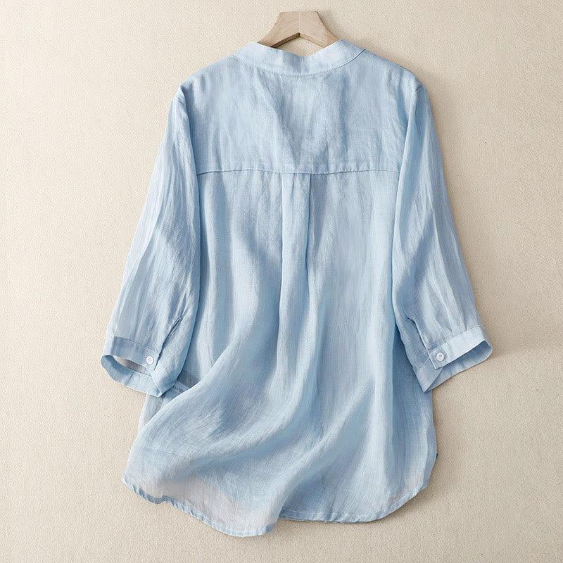 Buddha Stones Lässiges, schlichtes Damen-Shirt mit V-Ausschnitt und Dreiviertelärmeln aus Baumwolle und Viskose - image 1