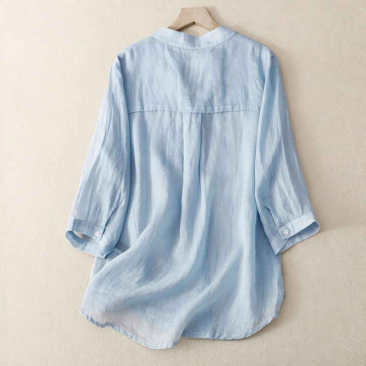 Buddha Stones Lässiges, schlichtes Damen-Shirt mit V-Ausschnitt und Dreiviertelärmeln aus Baumwolle und Viskose - image 1
