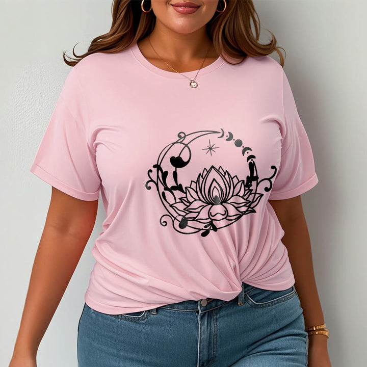 Buddha Stones Schlichtes Design Lotusblume Mond Fließende Ranken Muster Baumwoll-T-Shirt - image 14