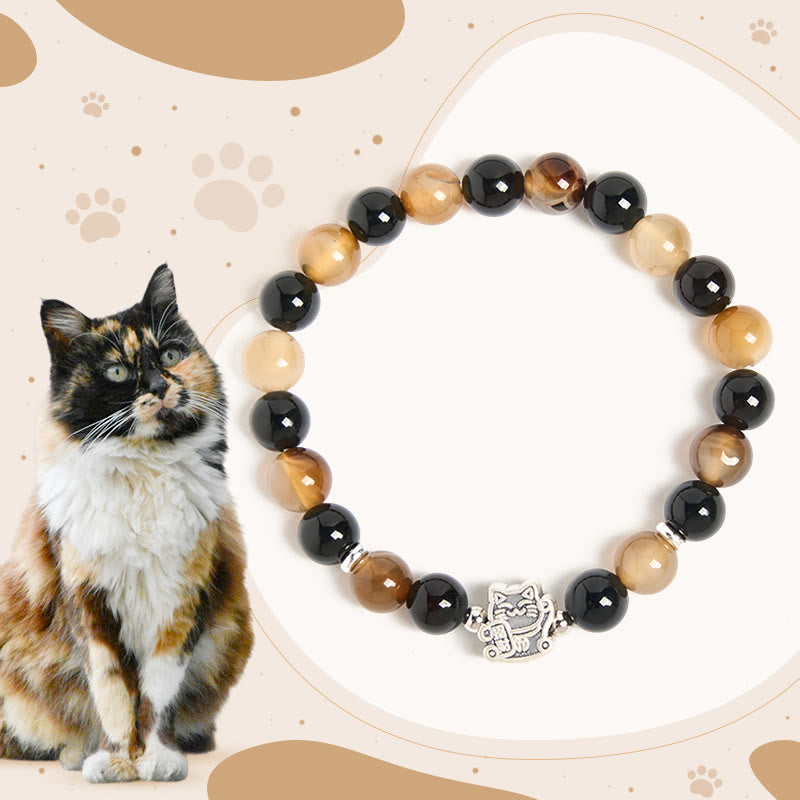 Buddha Stones Armband aus 925er Sterlingsilber mit Schildpatt-Katze, hellbraun gestreiftem Achat und schwarzem Onyx - Schildpattkatze (Handgelenkumfang 15–16 cm) - image 0