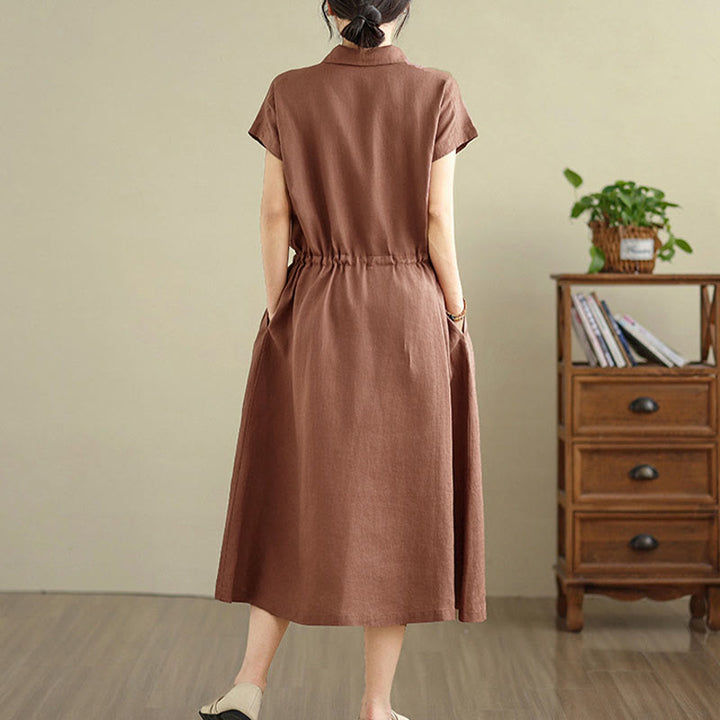 Buddha Stones Sommer-Midikleid aus Baumwolle und Leinen mit kurzen Ärmeln und Kordelzug und Taschen - image 2