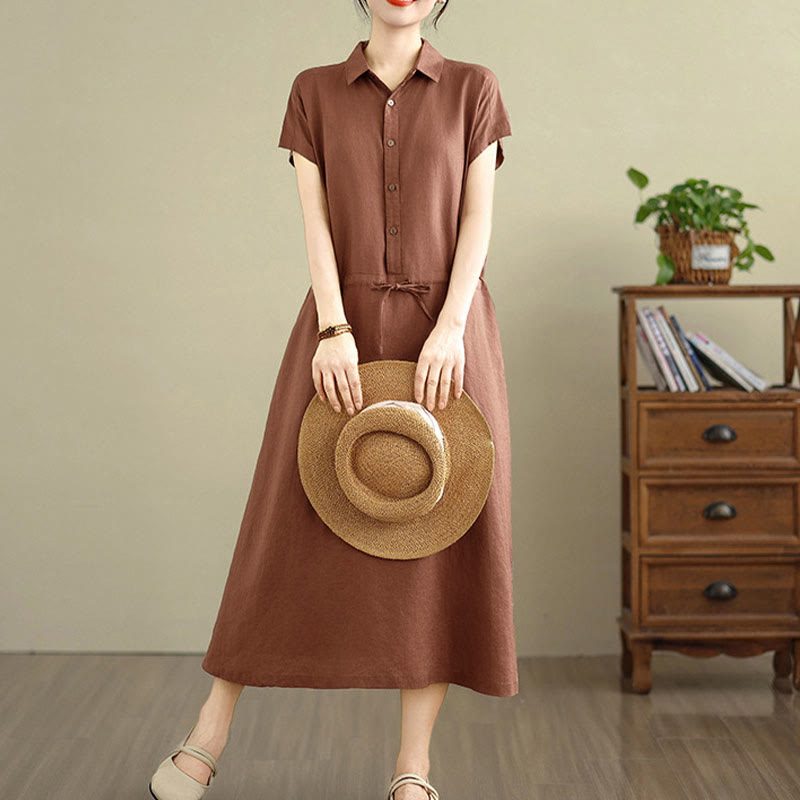 Buddha Stones Sommer-Midikleid aus Baumwolle und Leinen mit kurzen Ärmeln und Kordelzug und Taschen - Sienna - US 8-10, UK/AU 12-14, EU 40-42 (2XL) - image 0