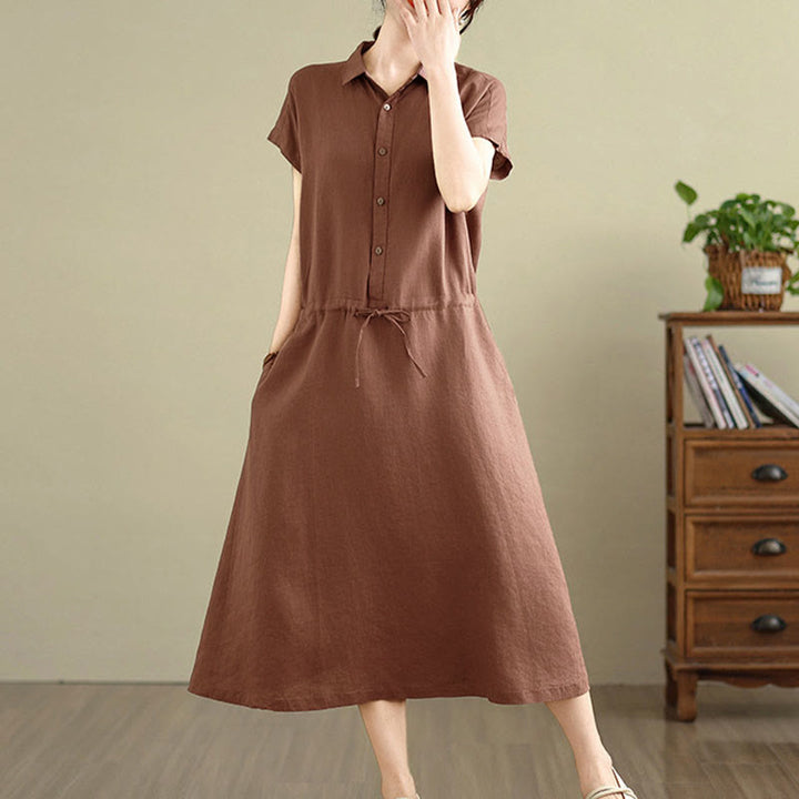 Buddha Stones Sommer-Midikleid aus Baumwolle und Leinen mit kurzen Ärmeln und Kordelzug und Taschen - image 5