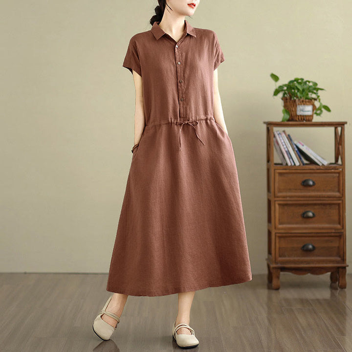 Buddha Stones Sommer-Midikleid aus Baumwolle und Leinen mit kurzen Ärmeln und Kordelzug und Taschen - image 3