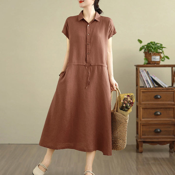 Buddha Stones Sommer-Midikleid aus Baumwolle und Leinen mit kurzen Ärmeln und Kordelzug und Taschen - image 4