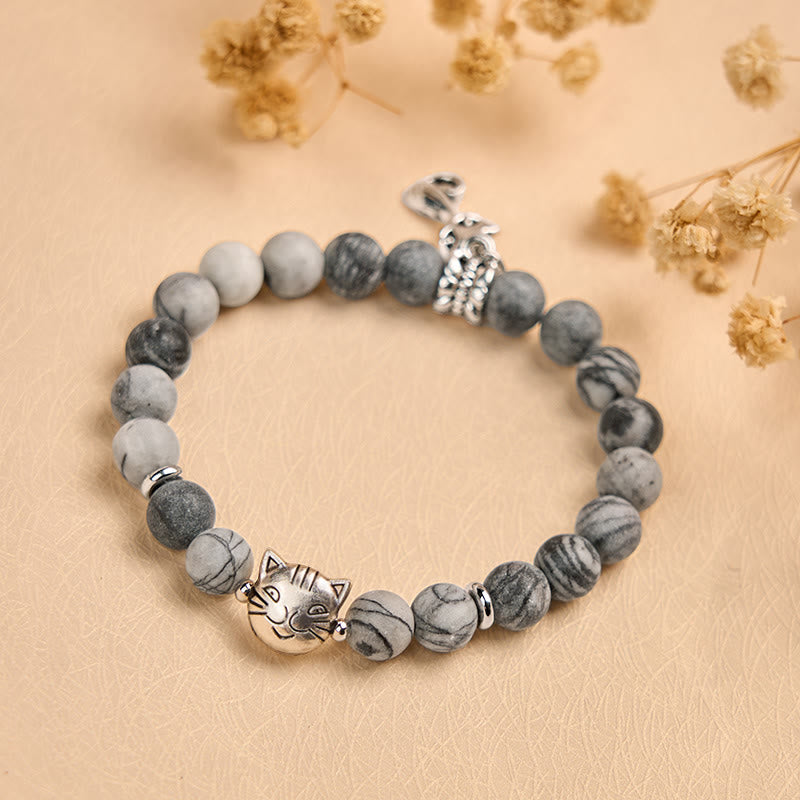 Buddha Stones Armband mit grau getigerter Katze, natürlichem schwarz geädertem Jaspis - image 4