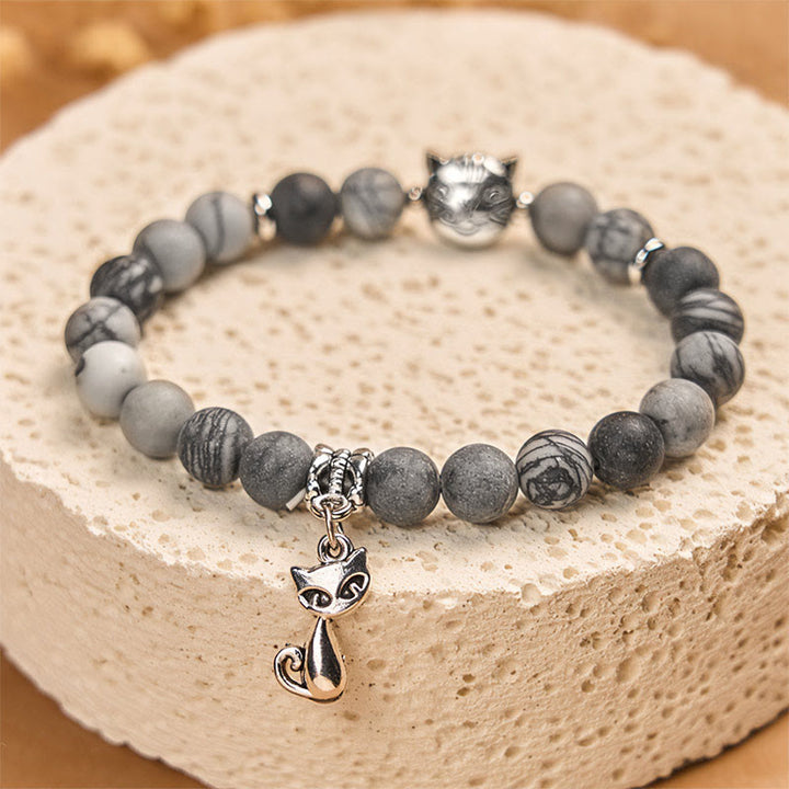 Buddha Stones Armband mit grau getigerter Katze, natürlichem schwarz geädertem Jaspis - image 3