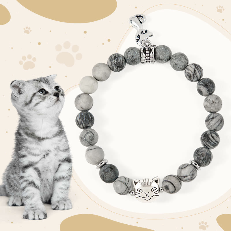 Buddha Stones Armband mit grau getigerter Katze, natürlichem schwarz geädertem Jaspis - Grau getigerte Katze (Handgelenkumfang 15–16 cm) - image 1