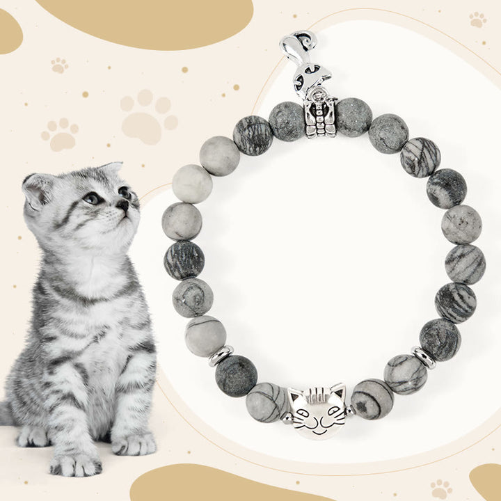 Buddha Stones Armband mit grau getigerter Katze, natürlichem schwarz geädertem Jaspis - Grau getigerte Katze (Handgelenkumfang 15–16 cm) - image 1